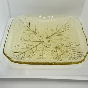 Amber Yellow Kurata Bohemian Crystal Craft Glass Leaves Platter 29cm Vtg 1960s - Picture 1 of 6