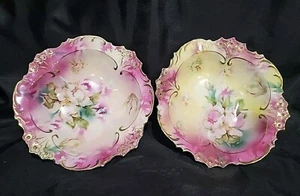 (2) Antique RS PRUSSIA HAND PAINTED Fruit Dessert Bowls Floral&gold Scalloped - Picture 1 of 7