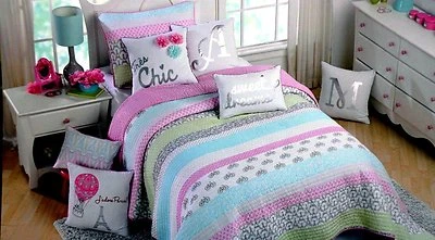 Cynthia Rowley 2PC Twin Quilt & Sham Paris Eiffel Tower Bicycle Bike French Chic - Image 1 of 4