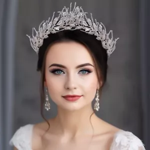 5cm Tall Luxury Crystal Leaves Bridal Queen Princess Tiara Crown For Women - Picture 1 of 11