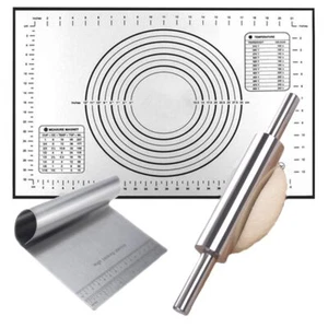 Stainless Steel Rolling Pin Set With Non Stick Silicone Pastry MatSteel Dough... - Picture 1 of 4