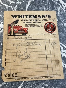 VINTAGE DOCUMENT RECEIPT WHITEMANS GARAGE GENERAL MOTORS HOLDEN GMH 1949 SEYMOUR - Picture 1 of 3