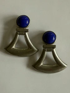 Ben Amun Vintage Ohrclips silberfarben baumelnd blau geometrisch Ohrringe - Bild 1 von 6