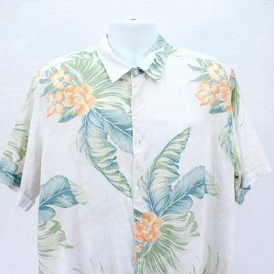 Cubavera -XL- 100% Lino Blanco Verde Floral Abotonada Camisa de Vestir Hawiana Foto 1 de 4