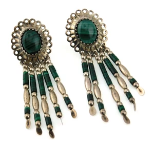 Pendientes colgantes/colgantes con flecos de concho de malaquita de plata de ley 925 del suroeste - Imagen 1 de 8