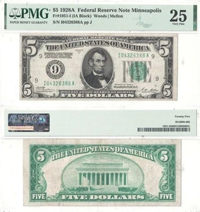 1928-A $5 Federal Reserve Note F-1951-I PMG VF-25 - Picture 1 of 1