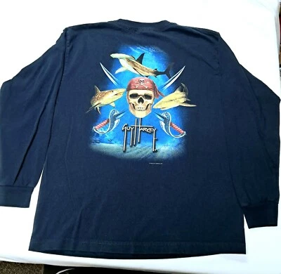 Espada Guy Harvey Boys XL Hombres S Manga Larga Azul Marino Pirata Calavera Tiburón Y2k Foto 1 de 4