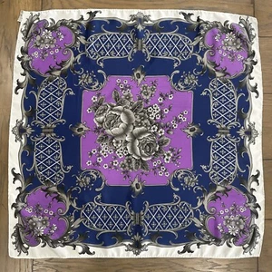 Vtg Baar & Beards Scarf 27"Sq Purple Blue White Regency Roses Trellis HandRolled - Picture 1 of 13