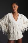 Anthropologie Fringed Boho Pullover Oversized White Preppy Sweater Top Sz L NWT