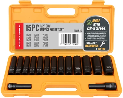 15PCS Deep Impact Socket Set 1/2" Drive 10–27mm Metric CRV for Car Van Garage - Image 1 of 4