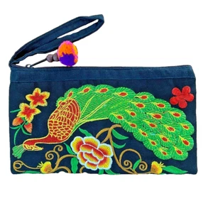 Wrist Bag Embroidered Green Peacock Yellow Flower Colorful Zipper Pom Pom - Picture 1 of 12