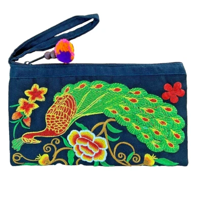 Wrist Bag Embroidered Green Peacock Yellow Flower Colorful Zipper Pom Pom - Image 1 of 4