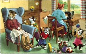 Postal Alfred Mainzer Gatos Antropomórficos Abuela Costura por Eugene Hartung - Imagen 1 de 2