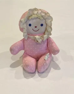 Vtg Bantam Pink Plush Doll Baby Rattle White Polka Dots Lace Bonnet Soft Toy 7” - Picture 1 of 3