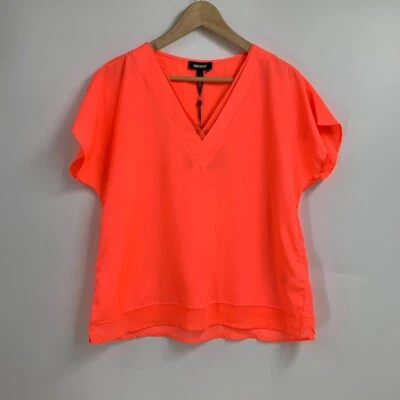 DKNY Women's Coral Sheer Chiffon Trim Vented Hem Short Sleeve V Neck Size S NWT - Image 1 of 4