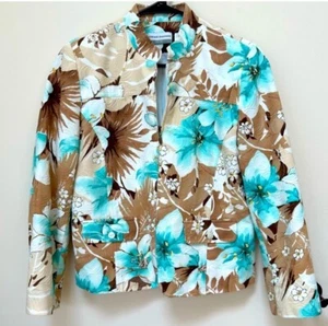 Alfred Dunner Full Zip Jacket Blazer Santa Rosa Aqua Floral Leaf Summer Sz 8 P - Picture 1 of 13