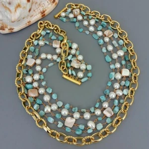 5 Strands Cultured White Pearl Blue Larimar Shell Rosary Chain Necklace 18.5" - Picture 1 of 7