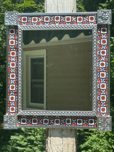 Mexican Handmade Punched Tin Talavera Tile Rectangle 13x12 Frame 9x8 Mirror A20 - Picture 1 of 3