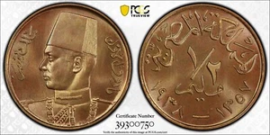 EGYPT 1/2 Mil 1938 SP 66 RB SPECIMEN KING Farouk Ex King's Norton Graded by PCGS - Picture 1 of 2