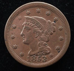 KAPPYSCOINS  GH221 1853 NICE EX XF BARIDED HAIR LARGE CENT - Picture 1 of 2