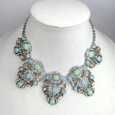 Lia Sophia Aqua Bib Necklace Rhinestone Silver Statement Fashion Jewelry NWT - Image 1 of 4