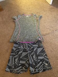 RBX Printed Shorts & Top Set Outfit Spandex Running Gym Black Gray Size M