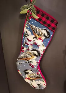 Needlepoint Christmas Stocking Chickadee Birds Modified Personalization See Pics - Picture 1 of 2