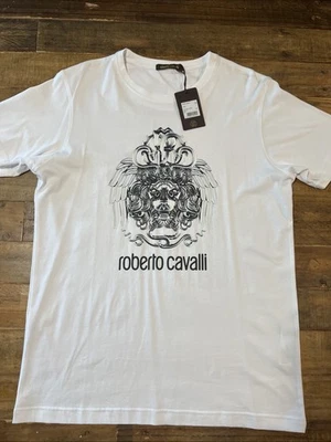 NUEVO CON ETIQUETAS Roberto Cavalli Hombre Camiseta Blanca XL Manga Corta 100% Algodón Logo Foto 1 de 4