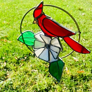 Vintage 3D Stained Glass Cardinal Sun Catcher Bird Flower Hanging 8" - Picture 1 of 6