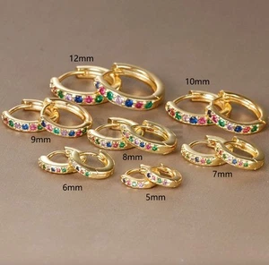 18ct Gold Plated 925 Sterling Silver Multicolour Crystal Huggie Hoop Earrings - Picture 1 of 12