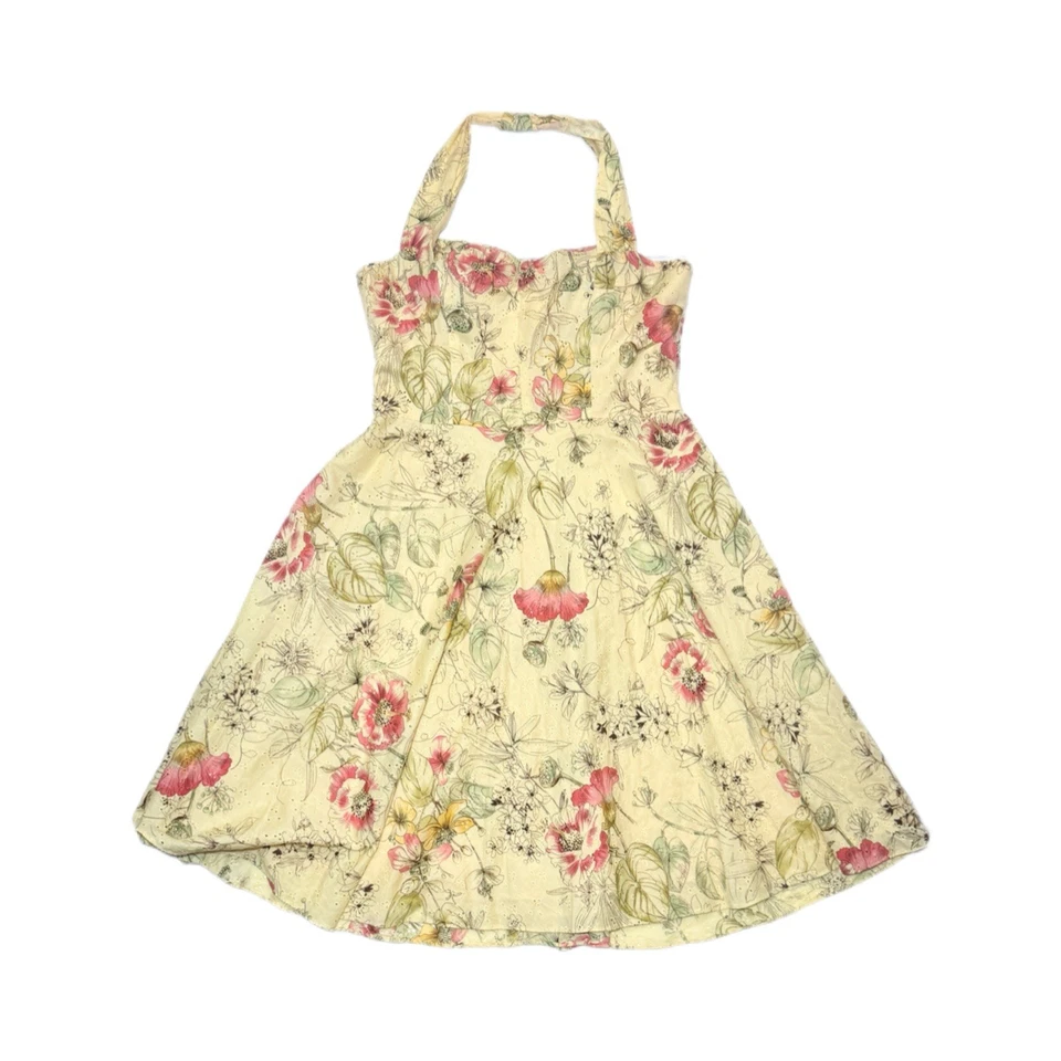 黄色花卉孔眼吊带迷笛连衣裙 14 Cottagecore 乡村圆裙 — 第 1/4 张图片