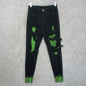 Pantalones de mezclilla desgastados negros verdes para mujer medianos ajustados calce ajustado hebilla triturada - Imagen 1 de 10