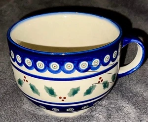 Boleslawiec Polish Pottery Large Holly Berry Large Soup Mug Cup Blue Handmade - Picture 1 of 8