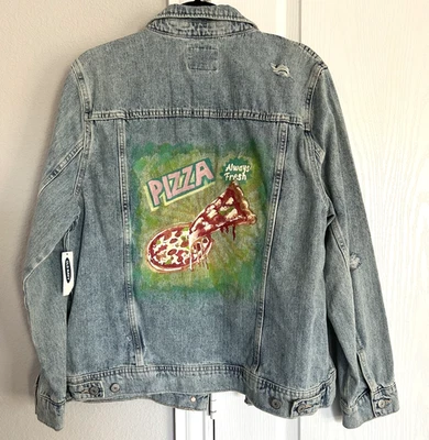 Hand Painted Pizza Jean Jacket Retro Kitschy Womens XL Denim Distressed NWT - Image 1 of 4