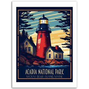 Acadia National Park Travel Poster Art Print Bass Harbor Lighthouse Maine