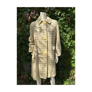 60s Mod Dress Coat Wool Tweed Yellow Blue Cream Single Breast Peter Pan Collar - Picture 1 of 19