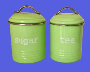 Vintage Pair of Mint Green Enamel Kitchen Canisters Tea and Sugar - Picture 1 of 8