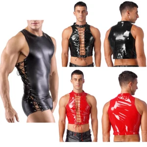 Mens Faux Leather Hollow Out Lace-up Tank Tops Sleeveless Muscle Shirt Nightclub - Picture 1 of 43