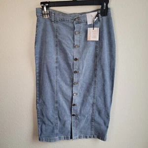 Denim Maxi Skirt Sz 11 29 Button Front Happily Grey Boho Stretch Modest 11/29 - Picture 1 of 16