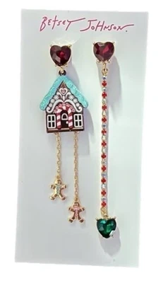 Betsey Johnson Jingle Bell Gingerbread House Girl Boy Earrings Dangle Red Heart - Image 1 of 4