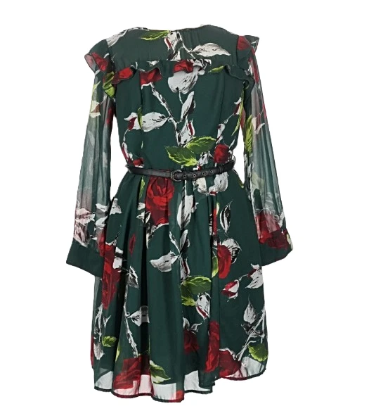 eShakti зеленый цветочный Fit & Flare платье оборки искусственной кожи ремень 1 X темно романтический - Изображение 1 из 4