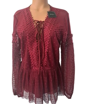 Top BKE Hebilla Peplum Mujer Tibetano Borgoña Cuello Crochet Talla Grande Nuevo con Etiquetas Foto 1 de 4