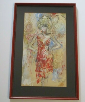 MYSTERY ARTIST PAINTING MID CENTURY MODERN PORTRAIT SIGNED WOMAN MODEL FASHION - Image 1 of 4
