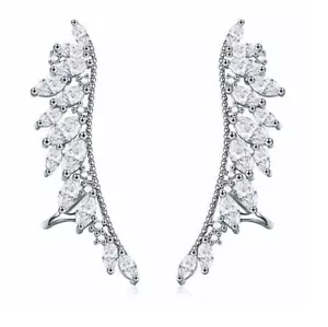 Shiny CZ Wing Leaves Vine Sterling Silver Post Earrings Ear Climber Crawler PE37 - Picture 1 of 12