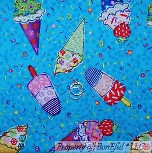 BonEful FABRIC Cotton Quilt Blue Pink Ice Cream Birthday Girl American USA SCRAP - Picture 1 of 8