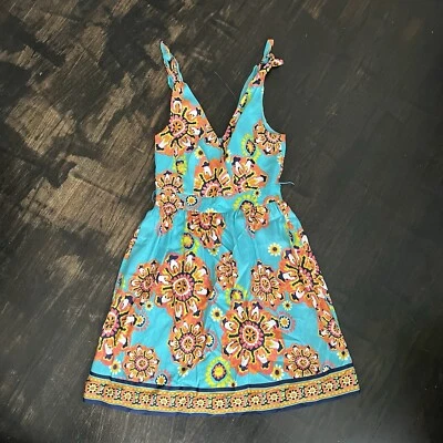 Vestido para mujer Trina Turk 100 % seda azul turquesa medallón línea A cuello en V talla 6 Foto 1 de 4