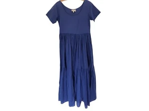 Vintage 80s 90s Monsoon Blue Cotton Tiered Smock Ankle Length Maxi Dress | S - Picture 1 of 13