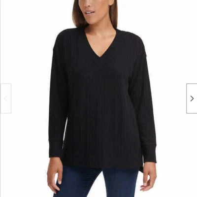 Camiseta acanalada con cuello en V Andrew Marc para mujer (negro, MEDIANO) NUEVA CON ETIQUETAS Foto 1 de 3