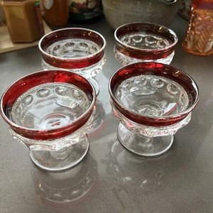 4 Tiffin Kings Crown Cranberry Thumbprint Stemmed Sherbet Dessert Fruit Dishes - Picture 1 of 6