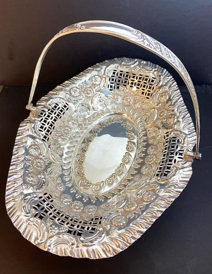 Cesta de novias Sheffield George Hawksley 12" plateada eduardiana regalo de boda Foto 1 de 4